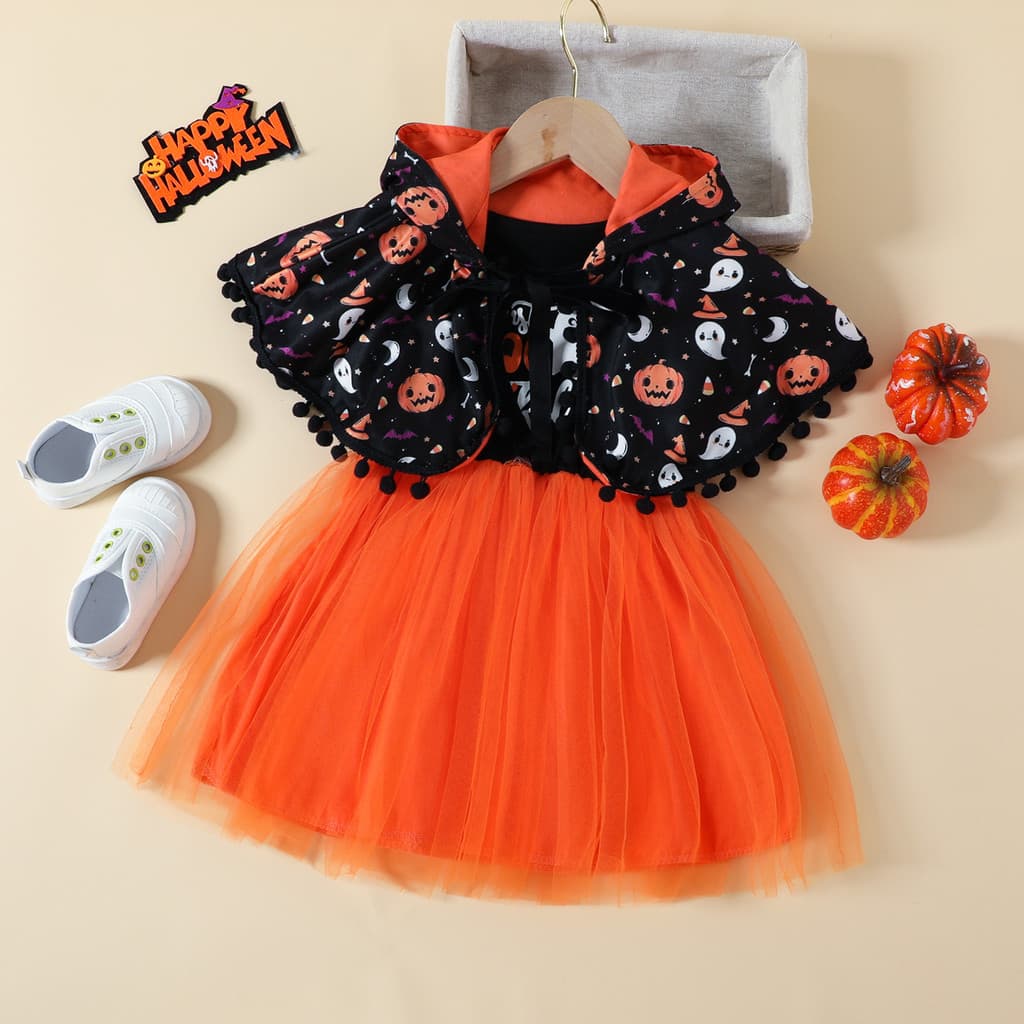 Fantasia de Halloween para Meninas com Estampa de Desenho Animado, Capa e Vestido de Tule com Alças