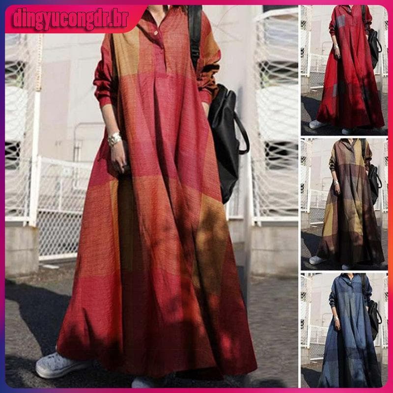 2023 Primavera Algodão e Linho Vestido Solto Manga Longa plus Size Vestido