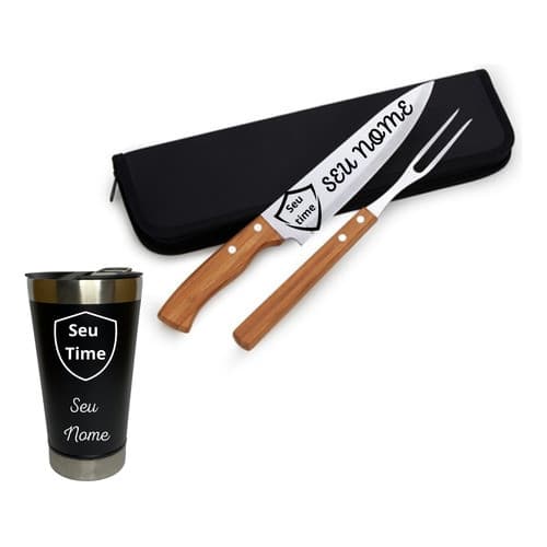 Kit Churrasco Faca Garfo Copo Personalizado Nome Time Logo
