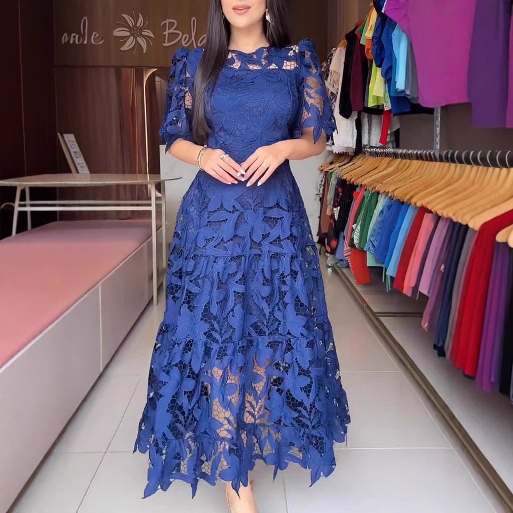 Saia longa feminina europeia americana 2025 novo estilo renda oca gola redonda vestido longo de cintura estreita