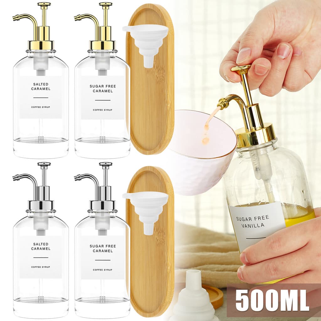 Conjunto De Dispensador De Xarope De Café , 2 Peças , Com Bandeja De Bambu , Garrafa Vidro Reutilizável Etiquetas , Funi