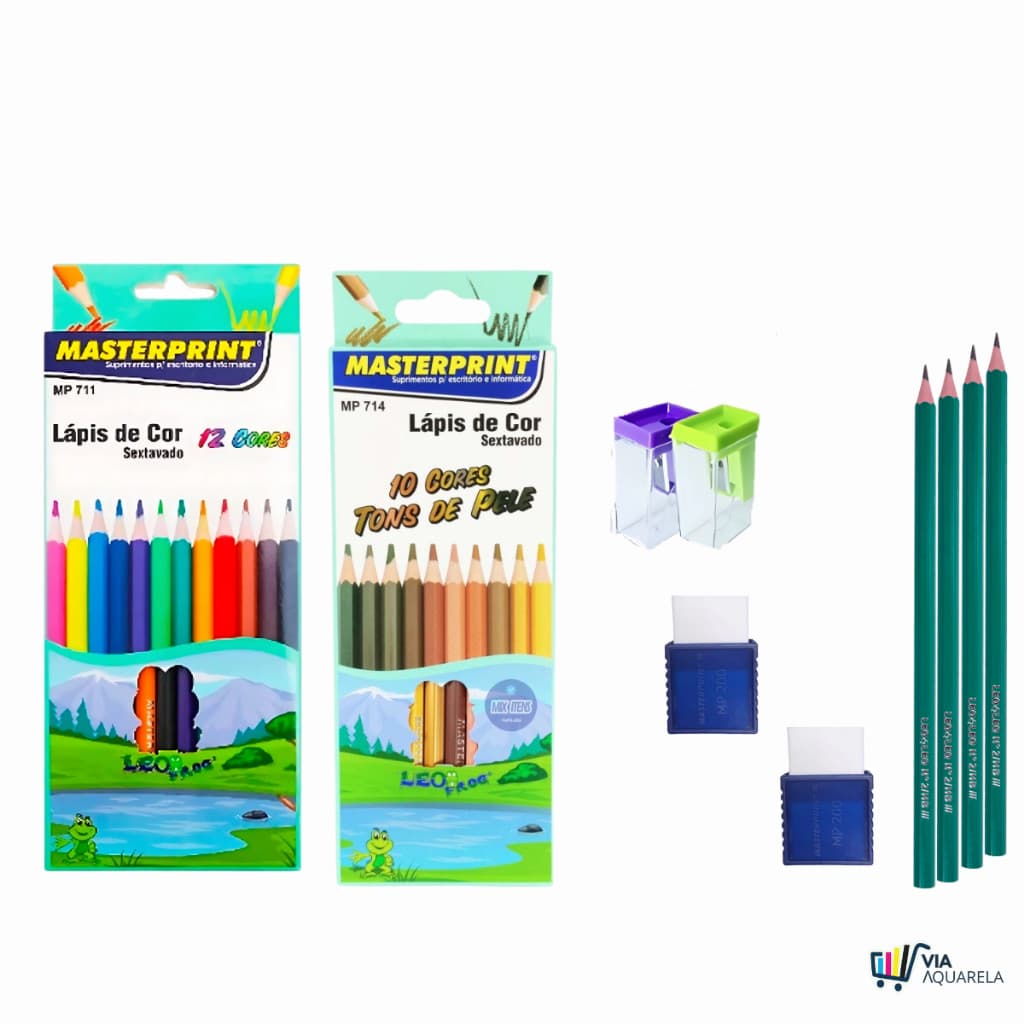 Kit material escolar: borracha lapis, lapis de cor e apontador