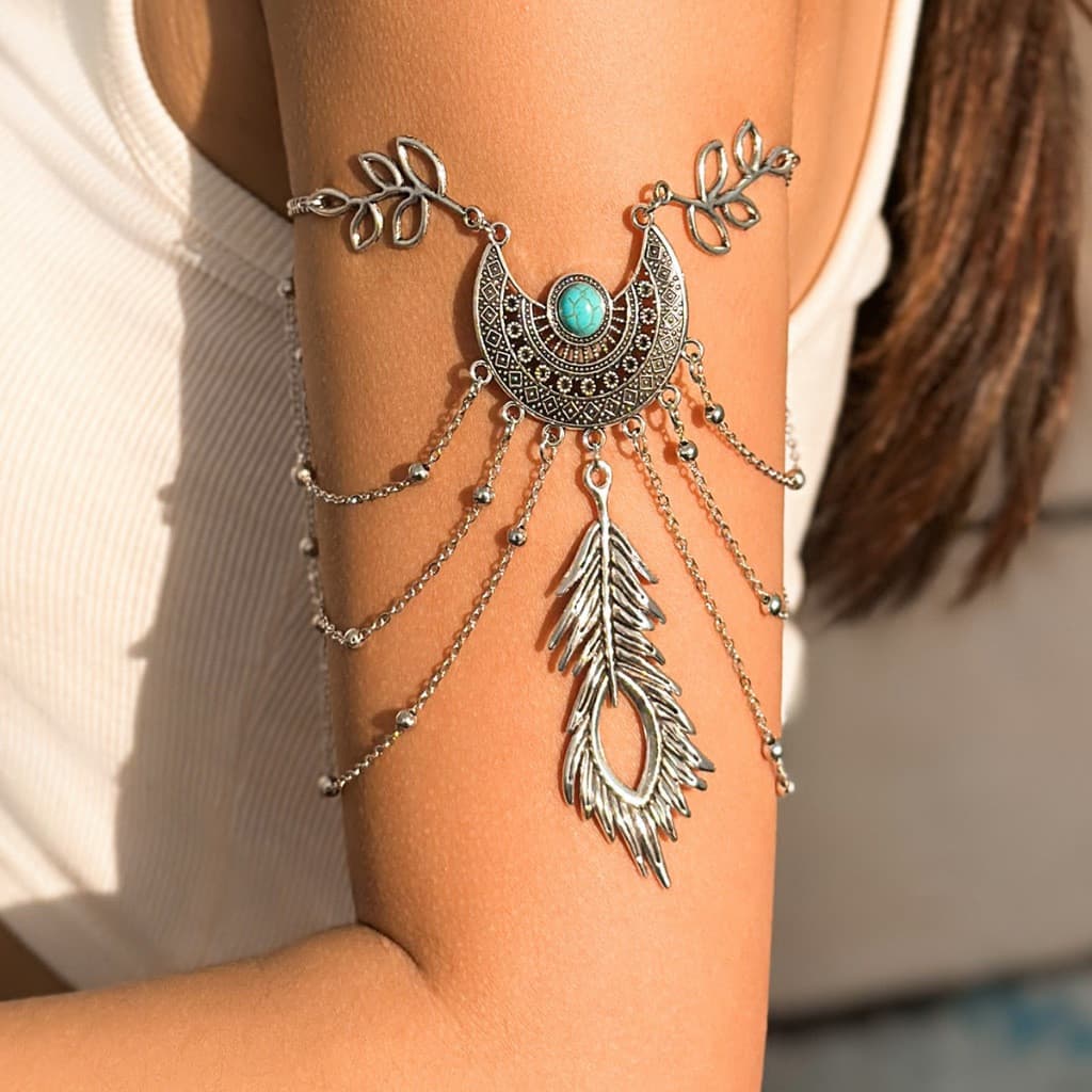 Boho Vintage Multilayer Chain Tassel Feather Pulseira De Pena De Braço Superior Para Mulher Moda Com Banda De Prata Jóia