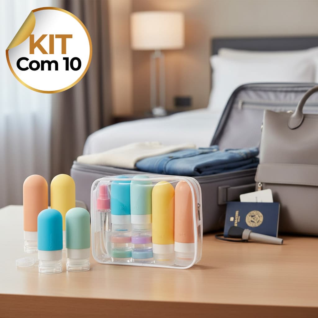 Kit Viagem Completo 10 Frascos Portateis Com Bolsa Organizador Para Cosmeticos