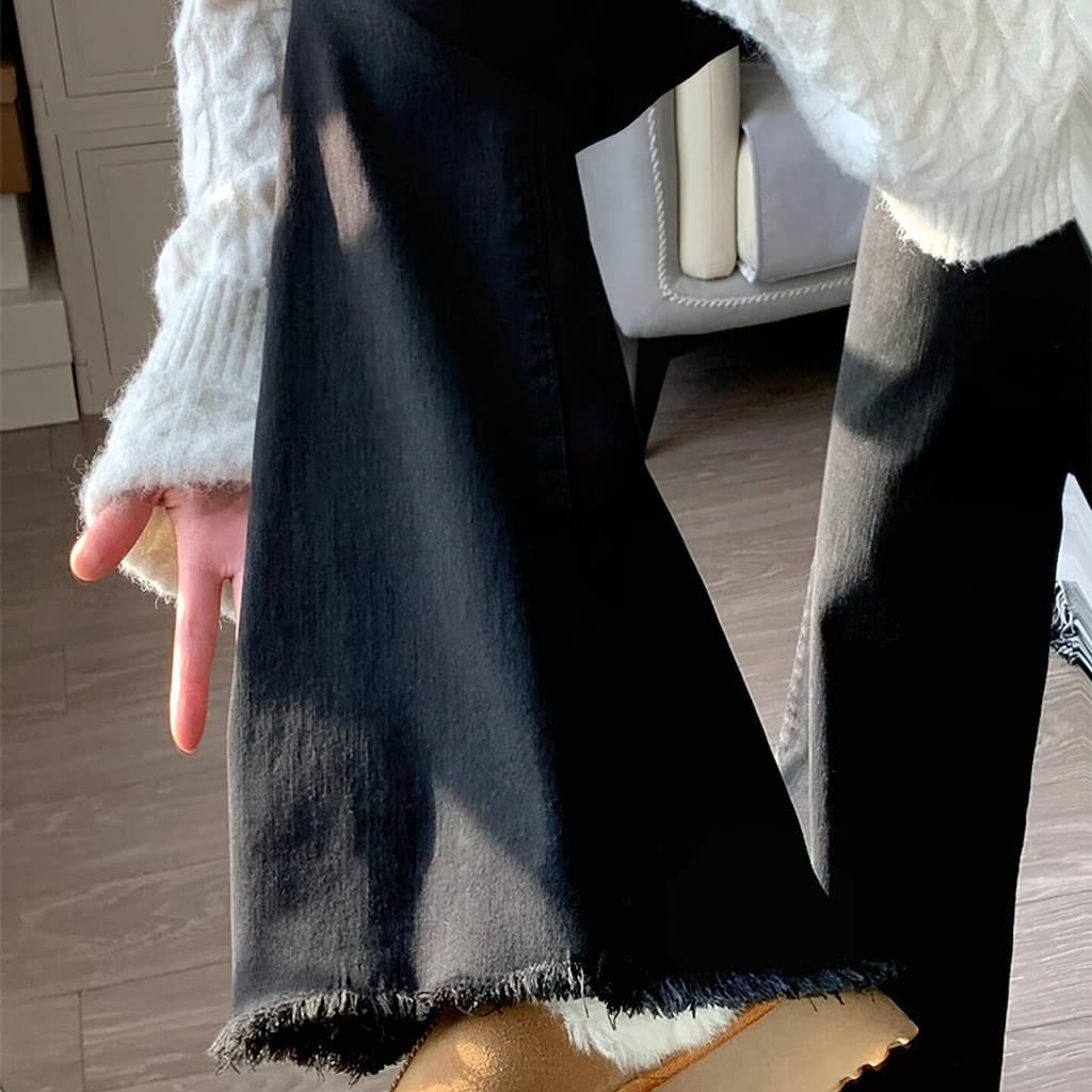 Preto ligeiramente desgastado Jeans feminino outono inverno velo Plus Size gordura mm cintura alta elástico forma pêra c