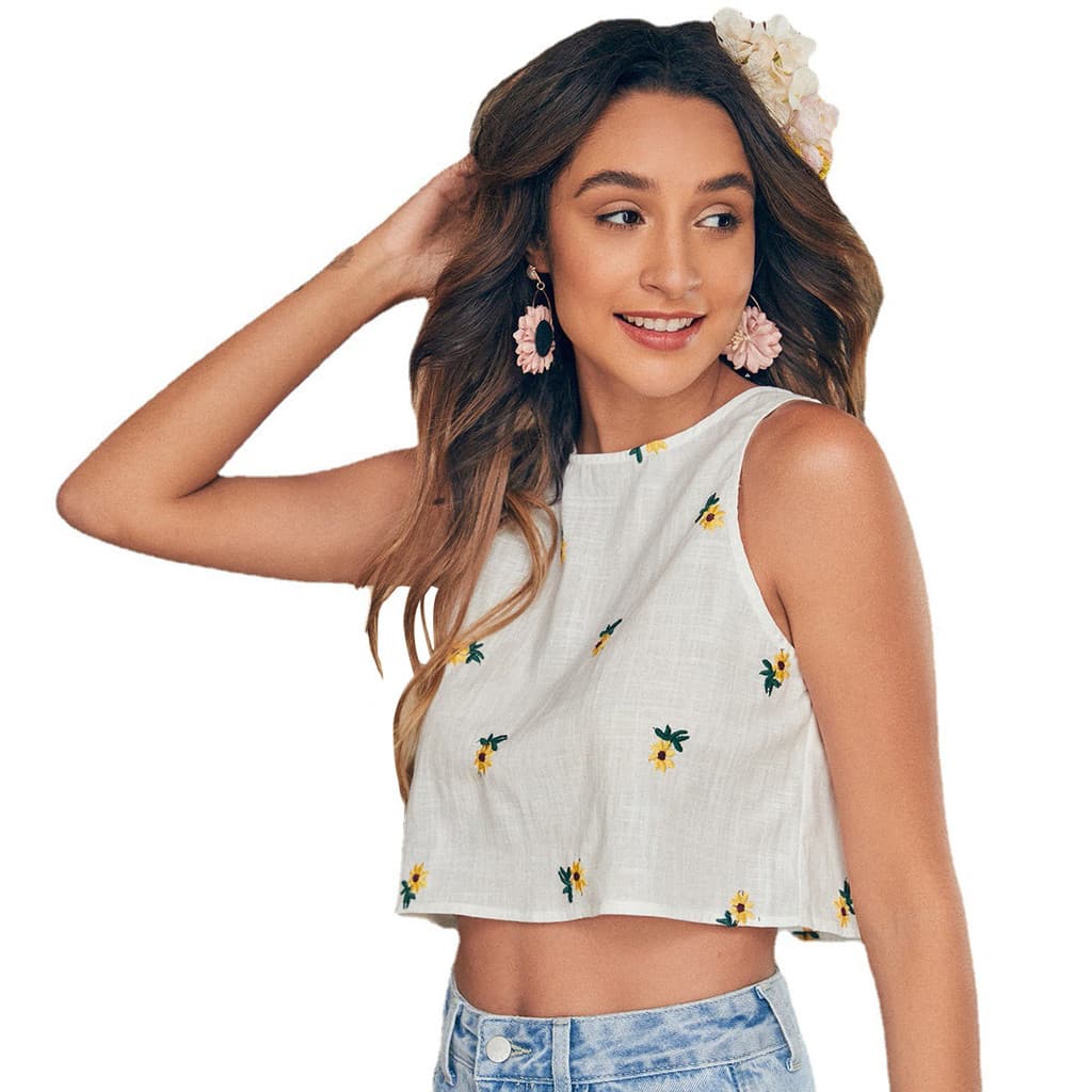 Crop Tops Mulheres Verão Sem Mangas Estampa Floral Camiseta Básica