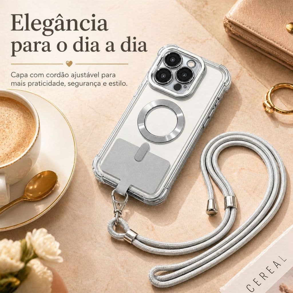 Capa de telefone magnética transparente transparente resistente a choques com cordão para iPhone