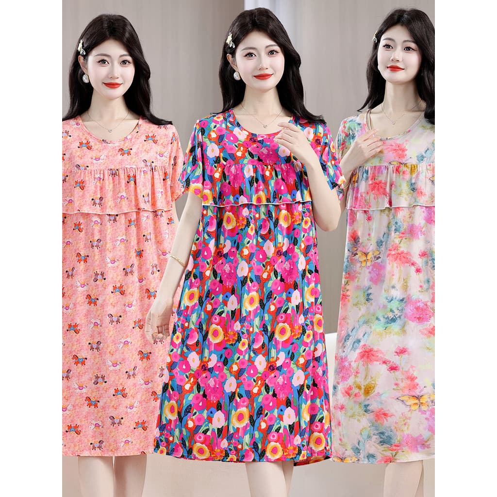 Estilo fino solto algodão seda Artificial algodão mãe vestido verão novo estilo Anti-Bump manga curta Plus Size Loungewe