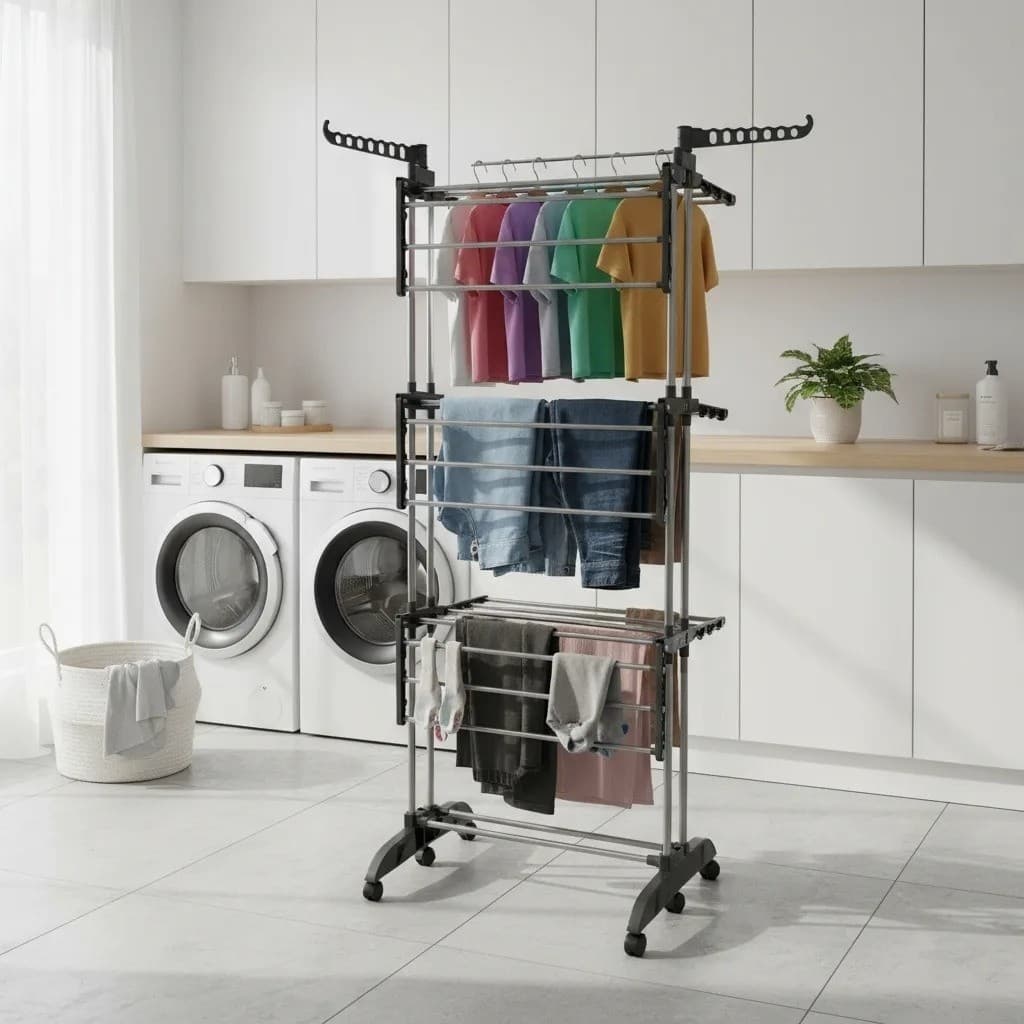 Varal Chao Dobravel Cabideiro Ganchos Estender Roupas Camisa Calca Toalha Aluminio Apartamento