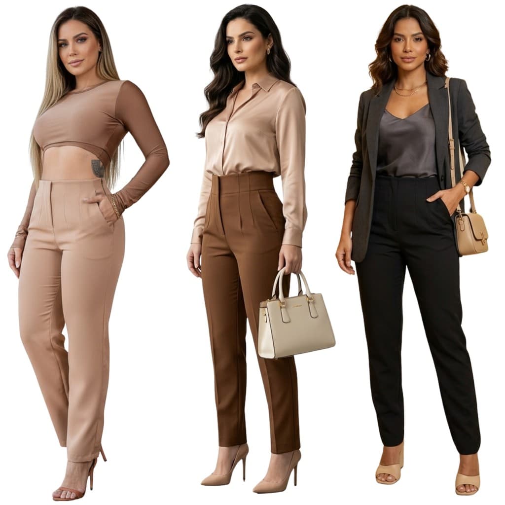 Kit 3 PRETO & AZUL BEBE Calça Alfaiataria elegante bloguerinha Moda Feminino Cintura alta