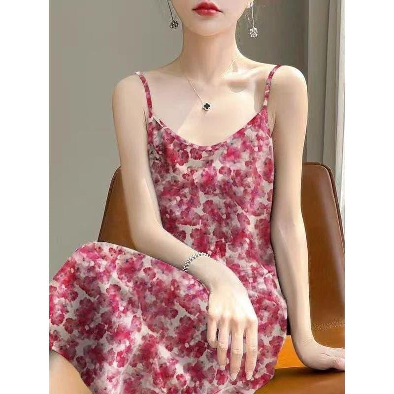 2025 verão novo estilo Floral vermelho encantador estilingue vestido temperamento moda impresso sem mangas macacão anel