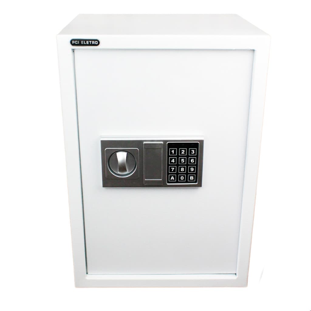 Cofre Grande Com Prateleiras Fechadura Teclado Digital 50En Com Chaves Branco De Piso Pci Cofres