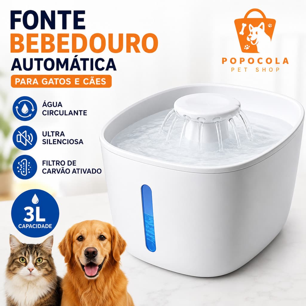 Fonte Bebedouro Automático para Gatos e Cães 3L com Filtro Água Circulante Silenciosa USB Antirrespingos