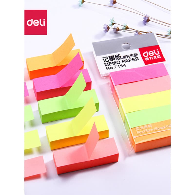 Deli Mini notas adesivas longas, pequenas notas adesivas, adesivos para marcadores, tiras fluorescentes, estudantes usam