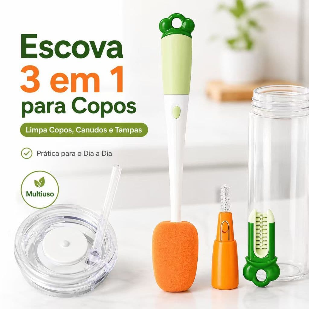 Escova 3 em 1 para Copos Canudos e Tampas Limpador Multiuso de Garrafas com Esponja Escova Fina e Limpador de Ranhuras