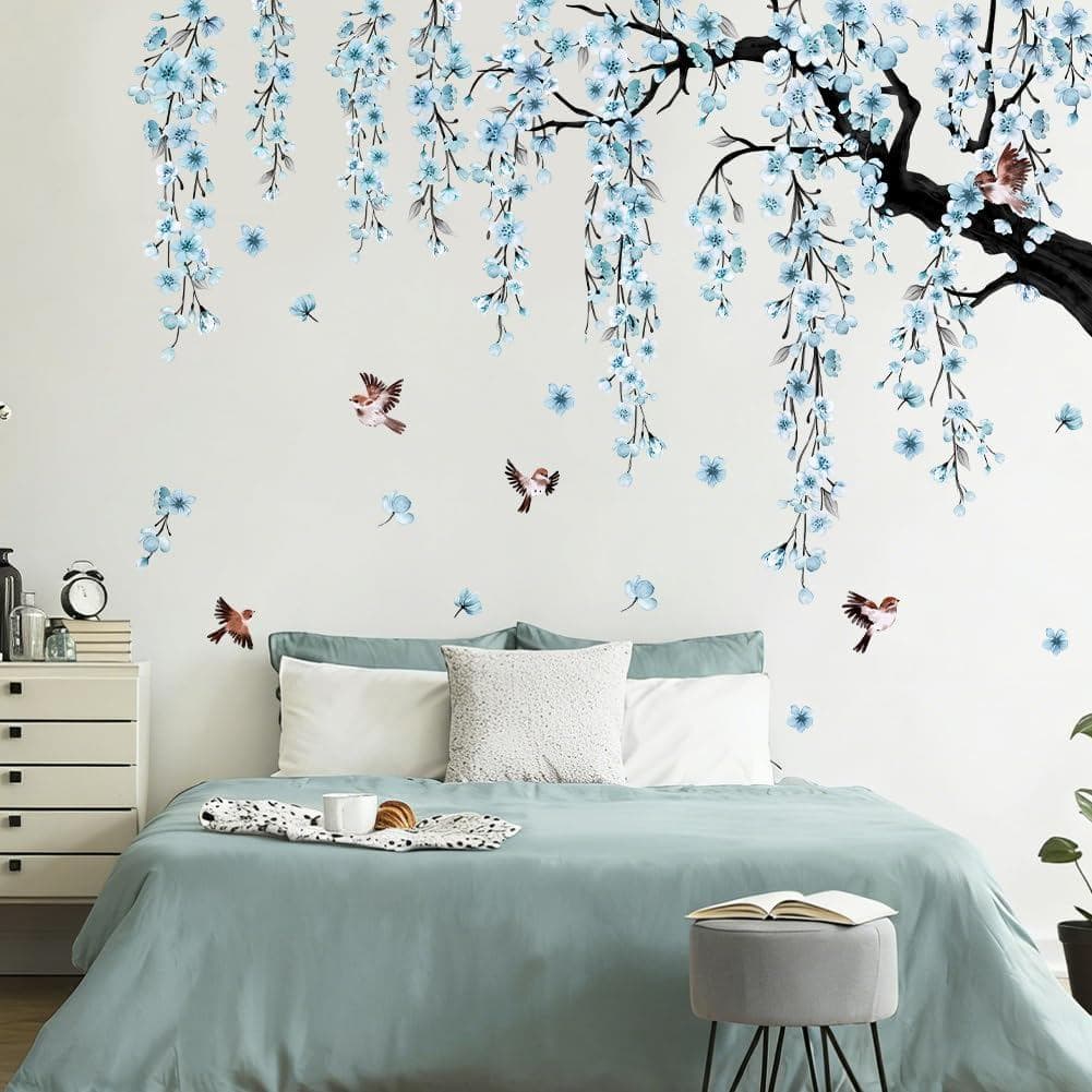Adesivos de Parede Grandes com Motivo de Galhos de Árvore e Flores, Adesivos Florais Azuis com Videira Pendurada, Decalq