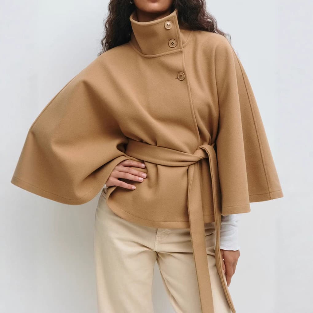 Casaco de Lã Feminino para Outono Inverno, Cor Sólida, Gola Capa, Cinto com Botões, Casaco Curto, Roupa Externa 9NMN