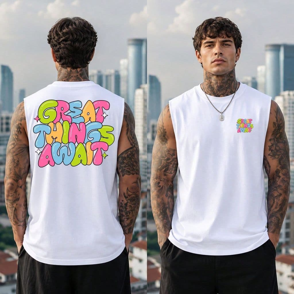Regata Machão Masculina 100% Algodão Estampado Nas Costas Frase Great Things Await Letras Coloridas Camisa Casual Básico