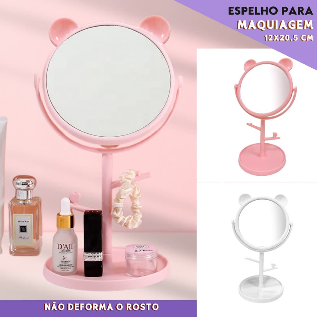 Mini Espelho de Mesa Redondo Giratório com Porta Joias e Organizador de Maquiagem Gatinho - MN