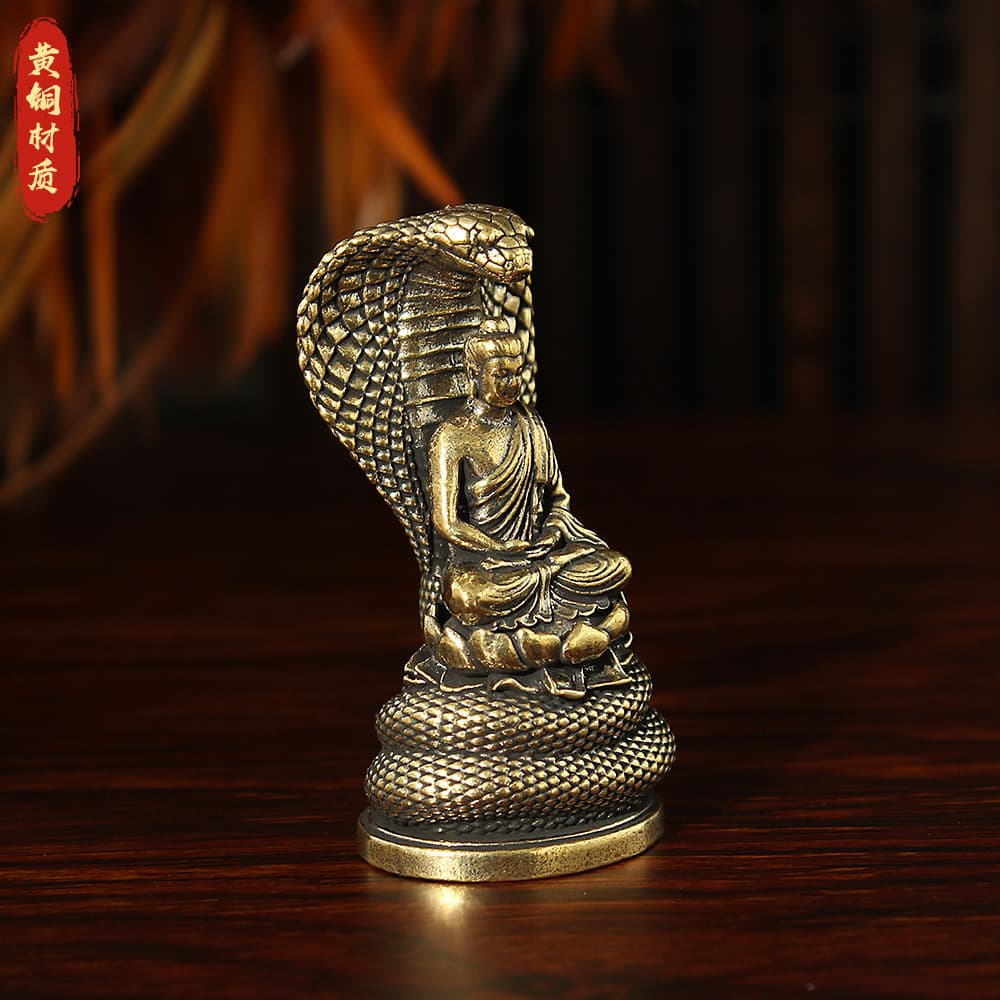 Estátua de Buda Guardião Naga Shakyamuni em Latão, Ornamento Estilo Chinês Vintage, Estátua de Buda Guardião Serpente, O