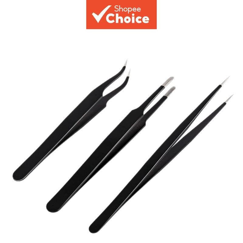 Conjunto de 3 pinças: pinça para diamantes, ponta reta, ponta curva, borda lisa, antiestática, pinças de aço inoxidável