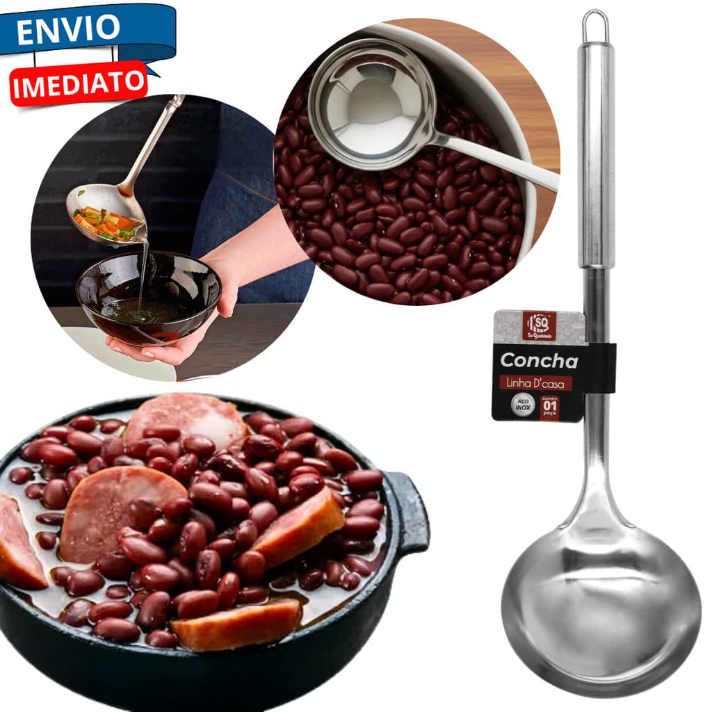Concha para Feijão Aço Inox 32cm Servir Cabo Longo Panela Caldos e Molhos Restaurante Gourmet Cremes