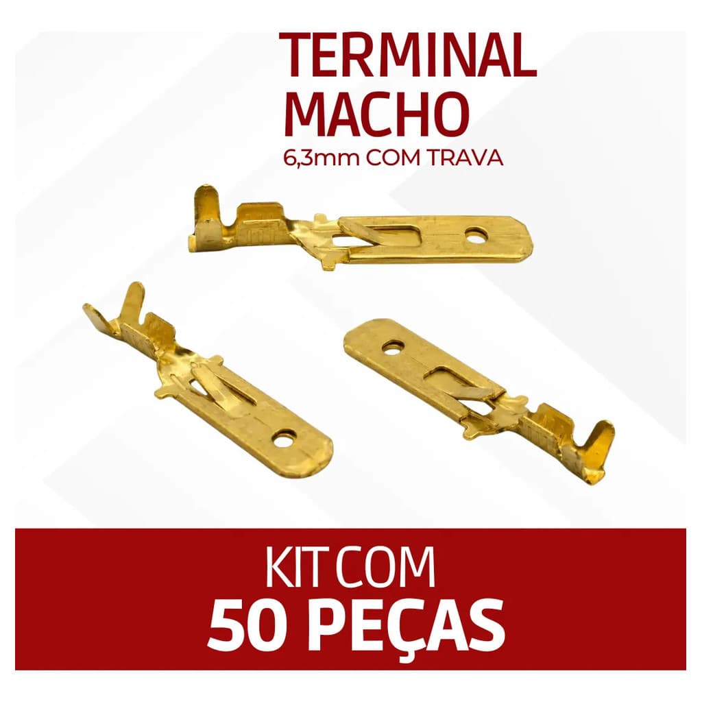 Kit 50 Pçs Terminal Macho Espada Longo Latão 6,3mm C/ Trava