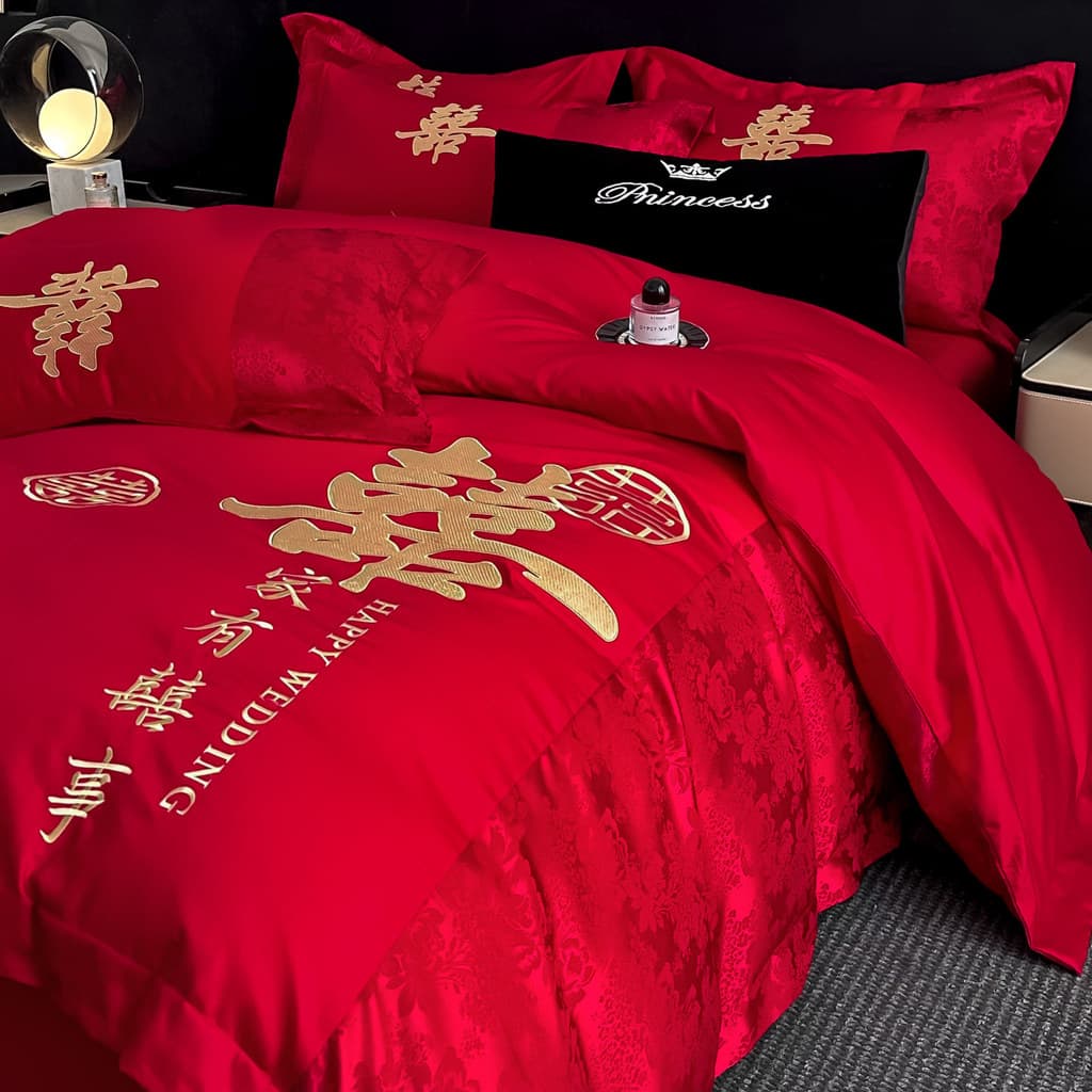 High-End novo estilo de casamento conjunto de quatro peças caixa de presente grátis grande vermelho bordado colcha capa