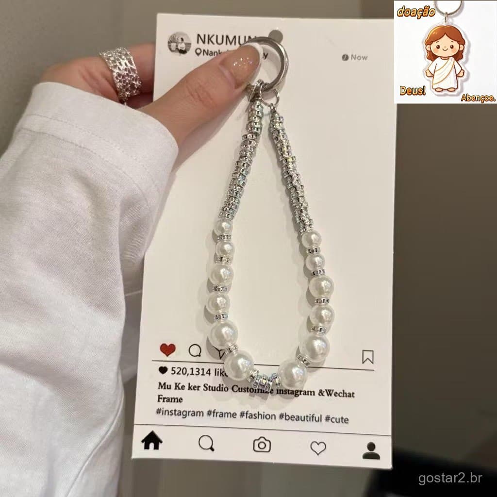 Cordão Correias Luxo 12 Pérolas com Diamante para Celular Capinha Chaveiro AntiQuedas