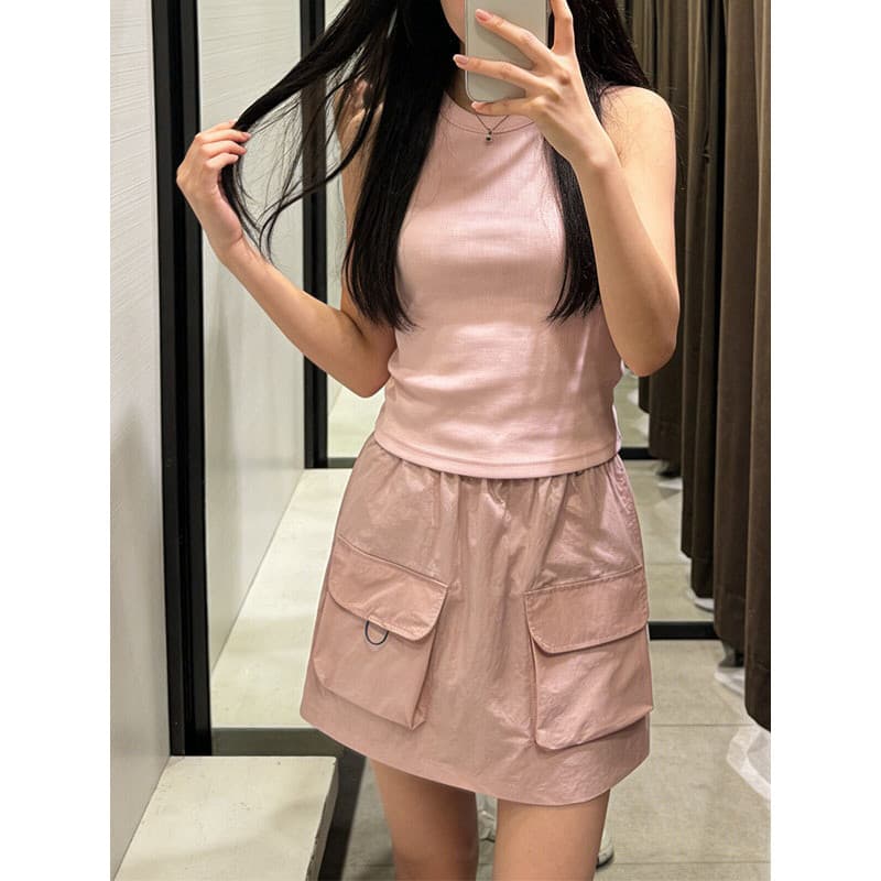 Coreano doce menina rosa macacão saia feminina verão estilo fino de secagem rápida cintura elástica grande bolso pequena