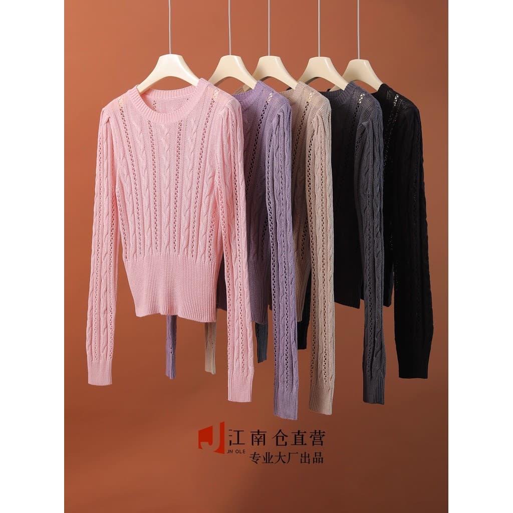 Jiangnancang|[Produtos de armário fio especial] especial ~ malha de lã oca primavera outono suéter de cor pura feminino