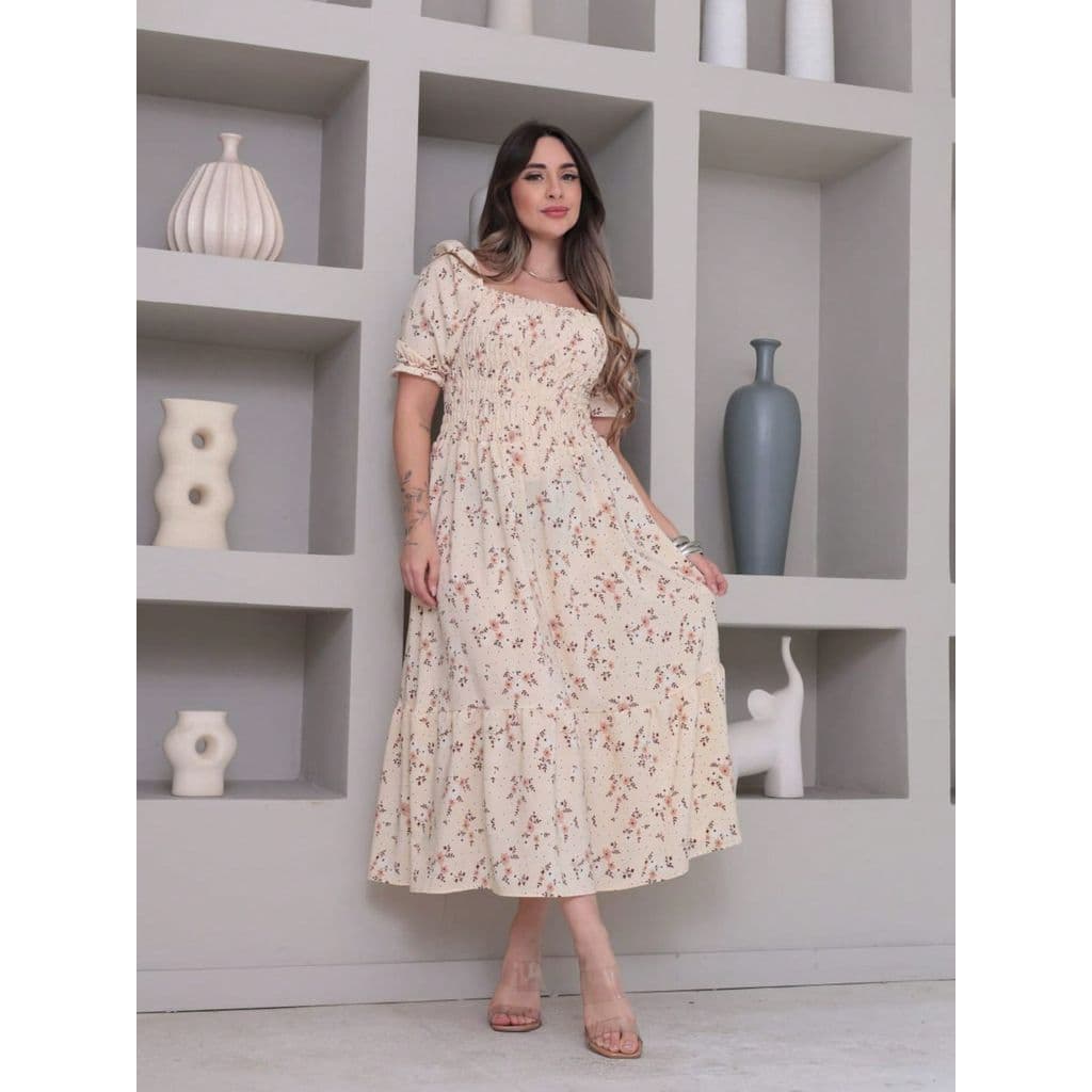 vestido midi eleganta estanpado crepinho manga curta