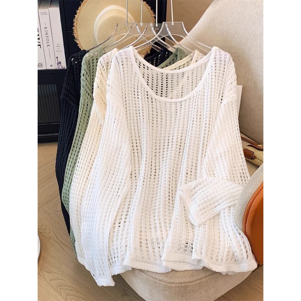 Oco malhas femininas verão novo estilo preguiçoso solto cobrindo carne protetor solar blusa em torno do pescoço Design d