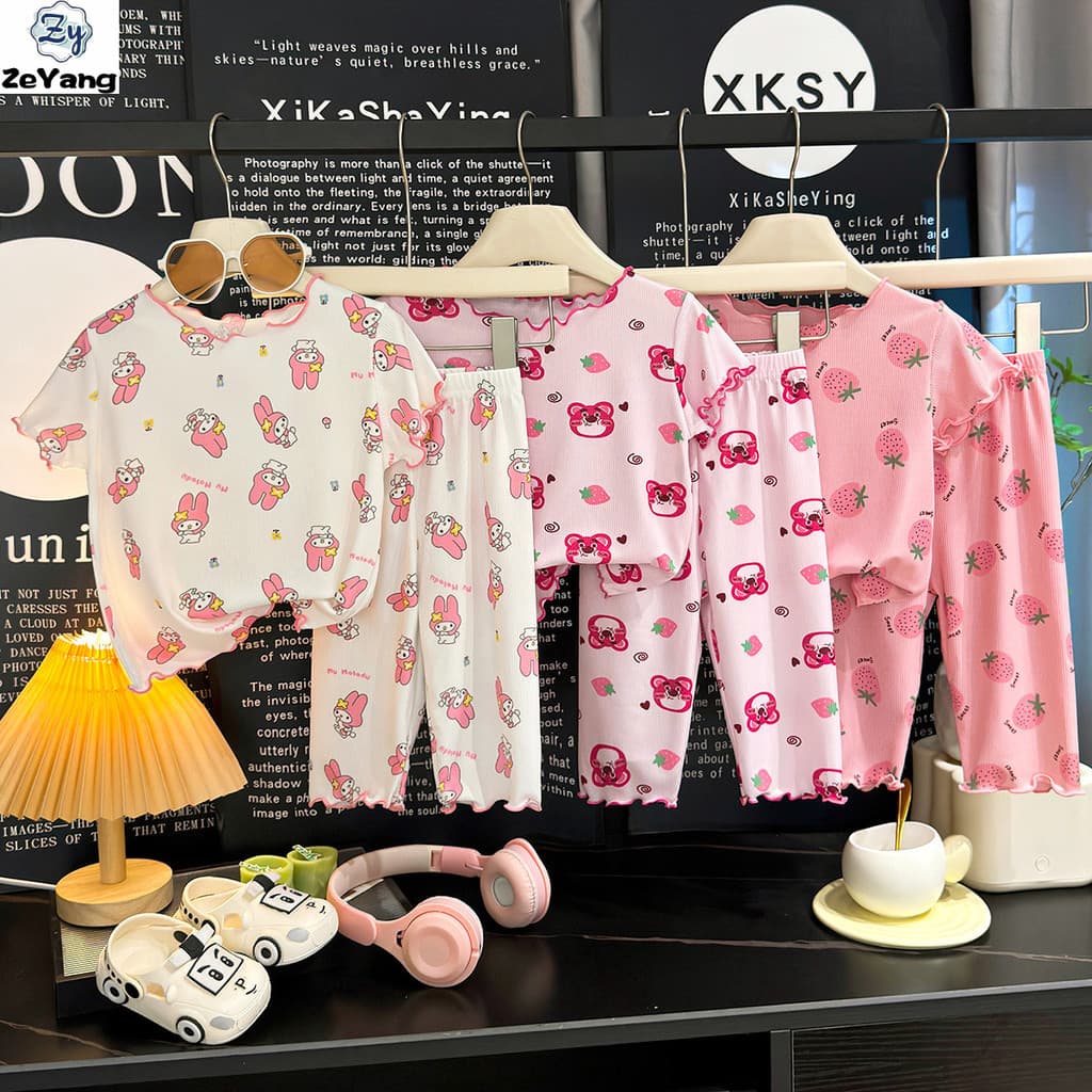 [ZY] 80-170 Conjunto de camiseta infantil de seda gelada de manga curta Casual para casa conjunto de calças cortadas par