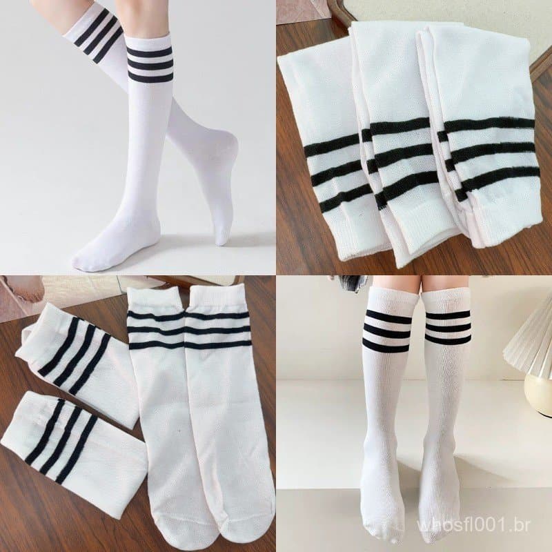 [Guudu] 3/5 Pares De Meias Listradas De Tubo Médio – Para Mulheres E Meninas Meia Longa Respirável De Cor Sólida Estilo