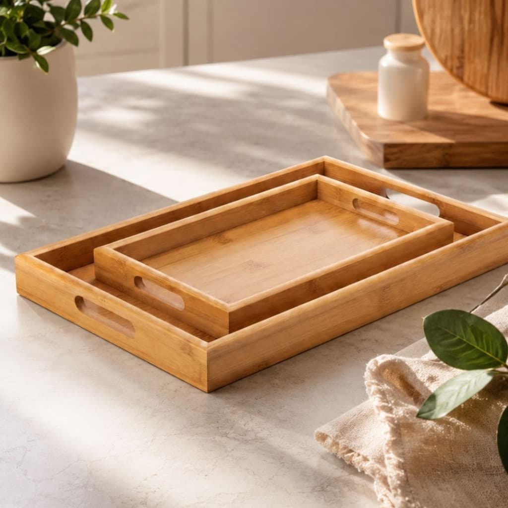 Kit Bandeja de Bambu Decorativa Organizadora Premium P M G Café da Manhã Banheiro Lavabo Cozinha