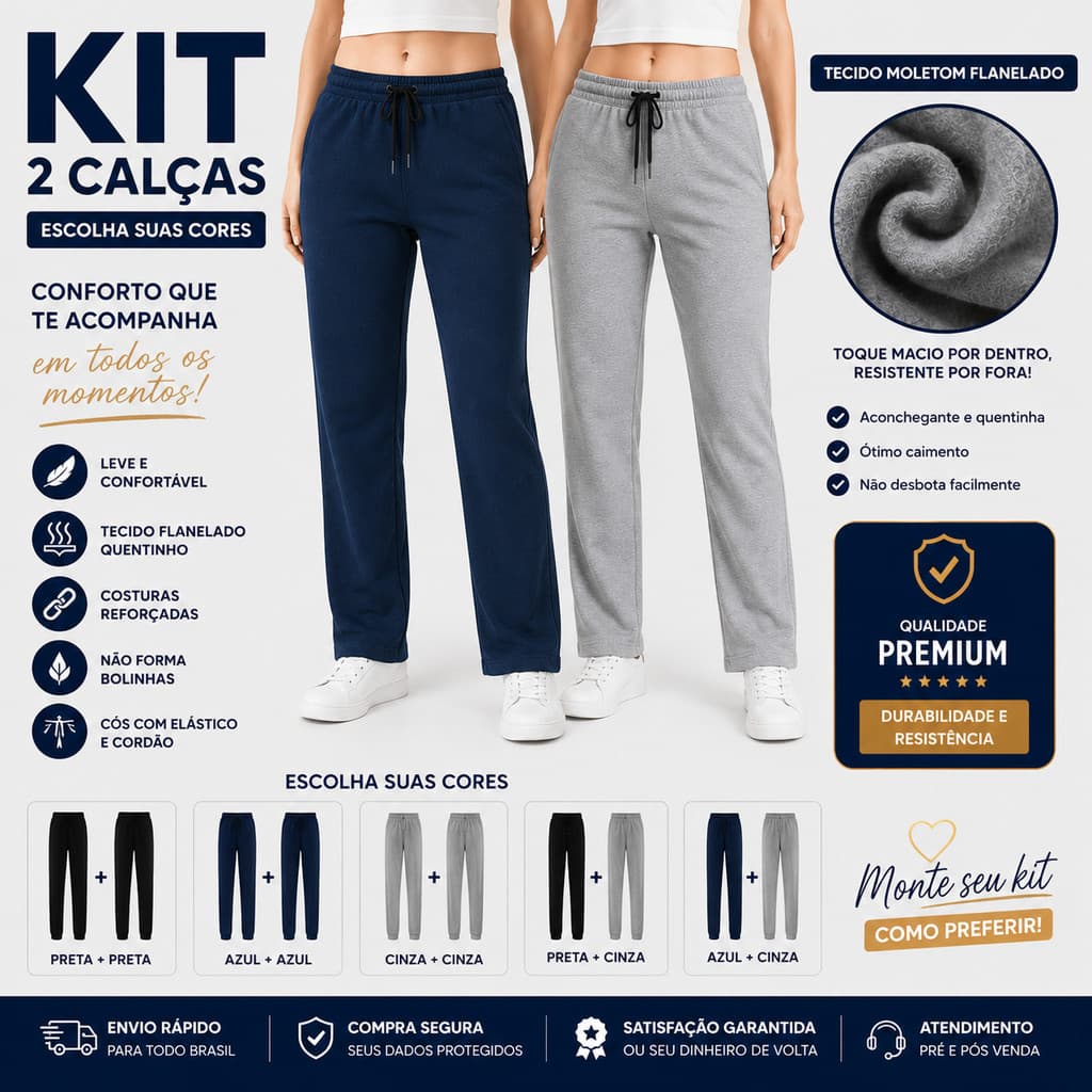 KIT 2 Calça Moletom Grossa Flanelado Feminino sem Bolso Confortavel  Inverno Solta Dia a Dia