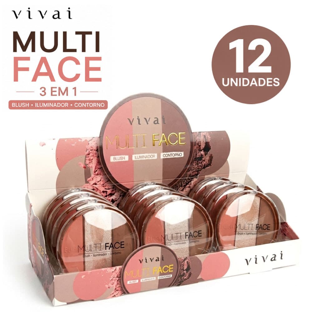 Kit 12 Unidades Paleta Multifuncional Vivai Multi Face 3 em 1 Blush Iluminador Contorno
