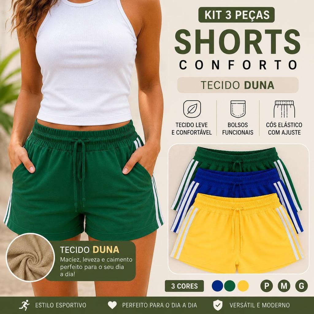 Kit Shorts Tecido Duna Amarelo/Azul/Verde