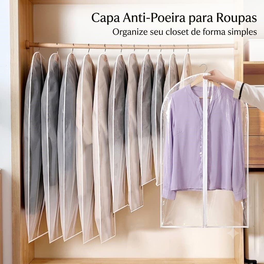 Kit5 Capas com Janela Transparente Zíper Lateral Protege Casacos de Inverno Contra Mofo e Traças
