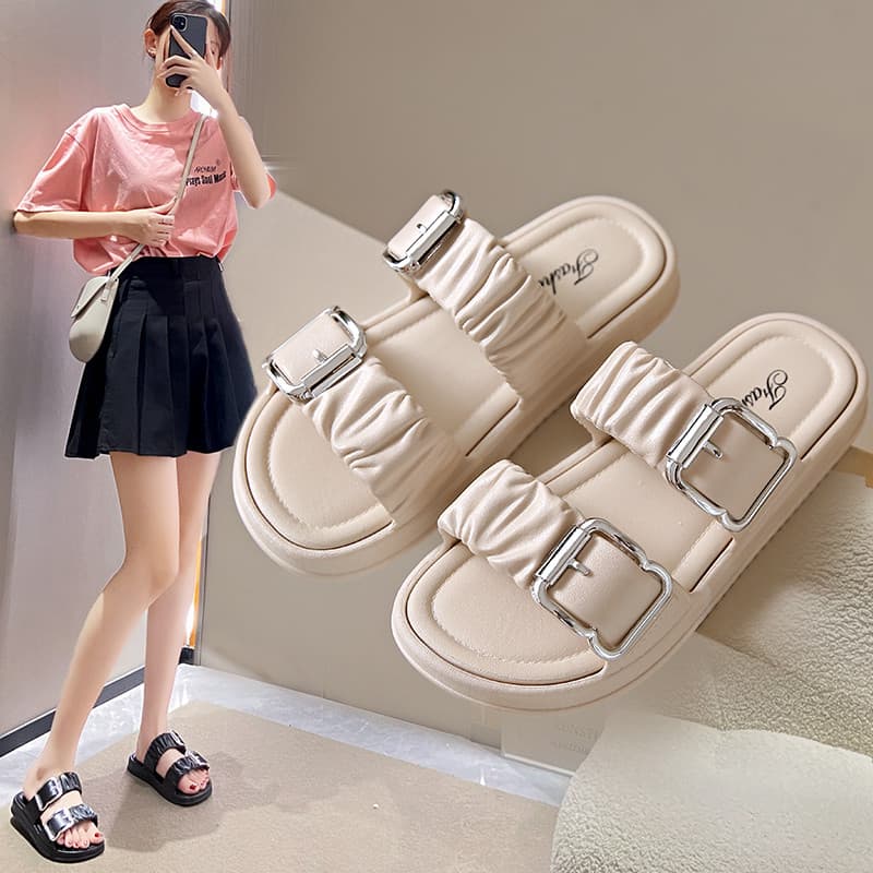 Sandálias chinelos femininos desgaste exterior verão 2026 novo estilo fivela de sola grossa antiderrapante moda High-End