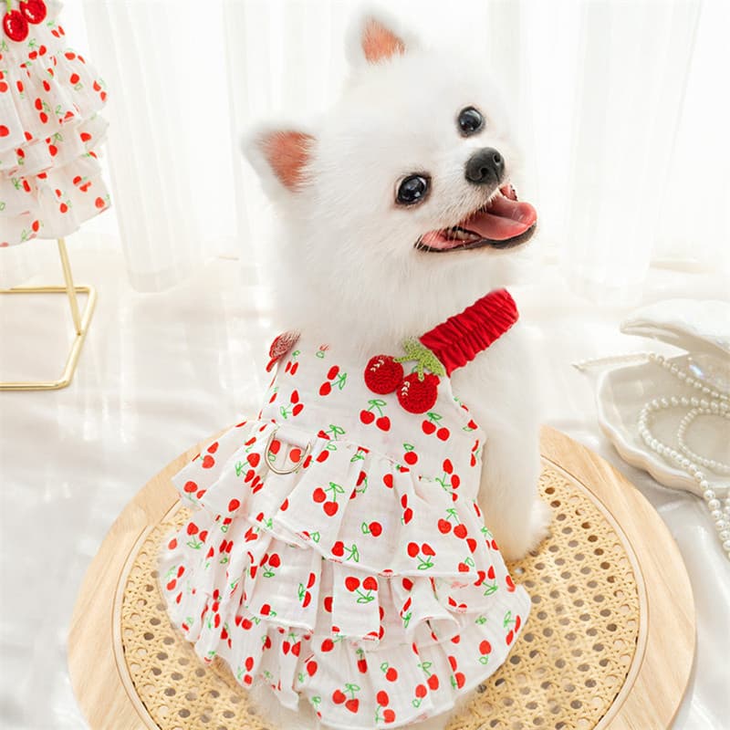 Doce Gato Cão Vestido Roupas De Verão Padrão Cereja Meninas Estilingue Colete Saia Para Pequenos Cães Médios Chihuahua F