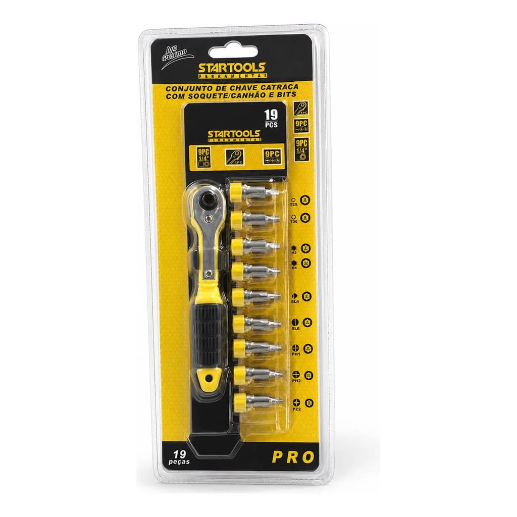 Kit Chave Catraca 19 Peças 1/4" Soquetes e Bits Profissional SR0436 Startools Alta Resistência