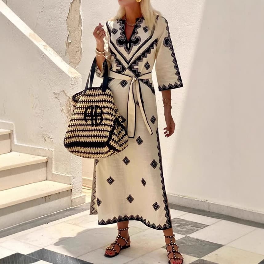 Comércio exterior outono inverno novo estilo impresso cinto cânhamo estilo boêmio vestido Cross-Border roupas femininas