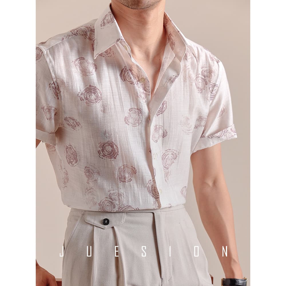 [Acetar Cool Feel] JUSION Estilo Italiano Windsor Collar Flower Camisa Masculina de Manga Curta Verão Casual Camisa Leve