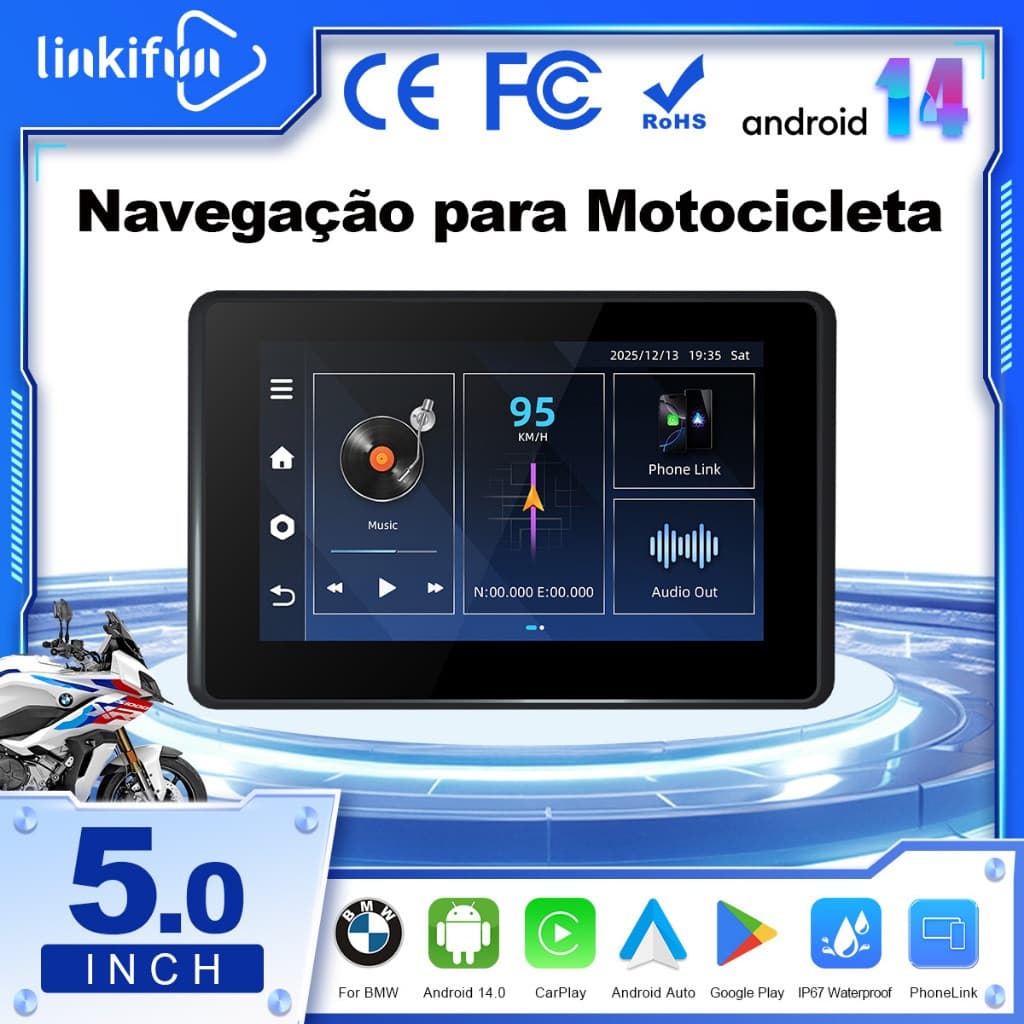 Linkifun MT3C Tela De Motocicleta Android 14 De 5 Polegadas Para BMW , Apple CarPlay Sem Fio E Auto , GPS Integrado , Wi