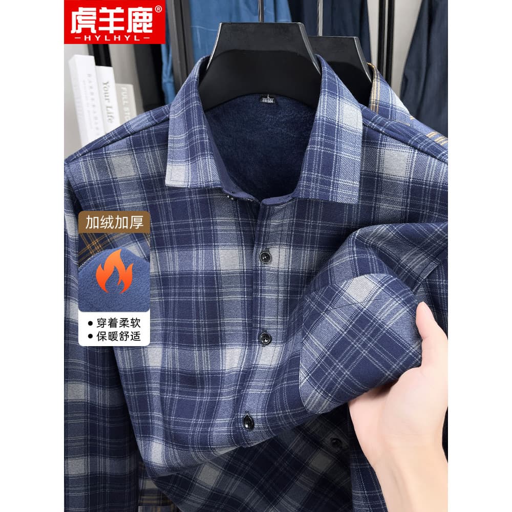 Pai forro de lã engrossado camisa masculina de manga comprida inverno meia-idade verificado camisa de meia-idade idoso p