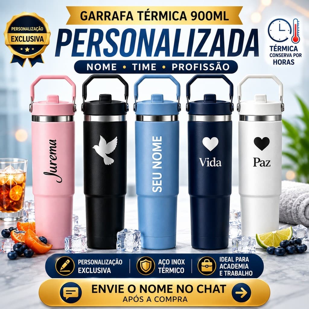 Garrafa Térmica  Flip Straw Tumbler Com Bico 900ml Personalizada com Nome Time ou Profissão Ideal para Academia Trabalho