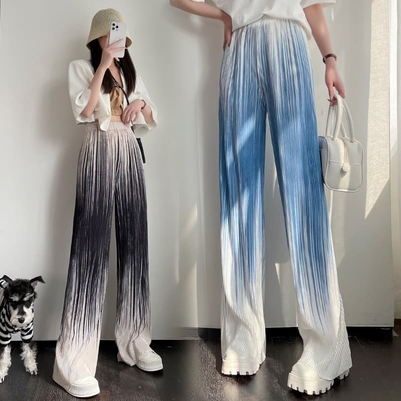 Calças femininas plus size de cor gradiente, estilo plissado, cintura alta, corte reto, com efeito emagrecedor, calças l