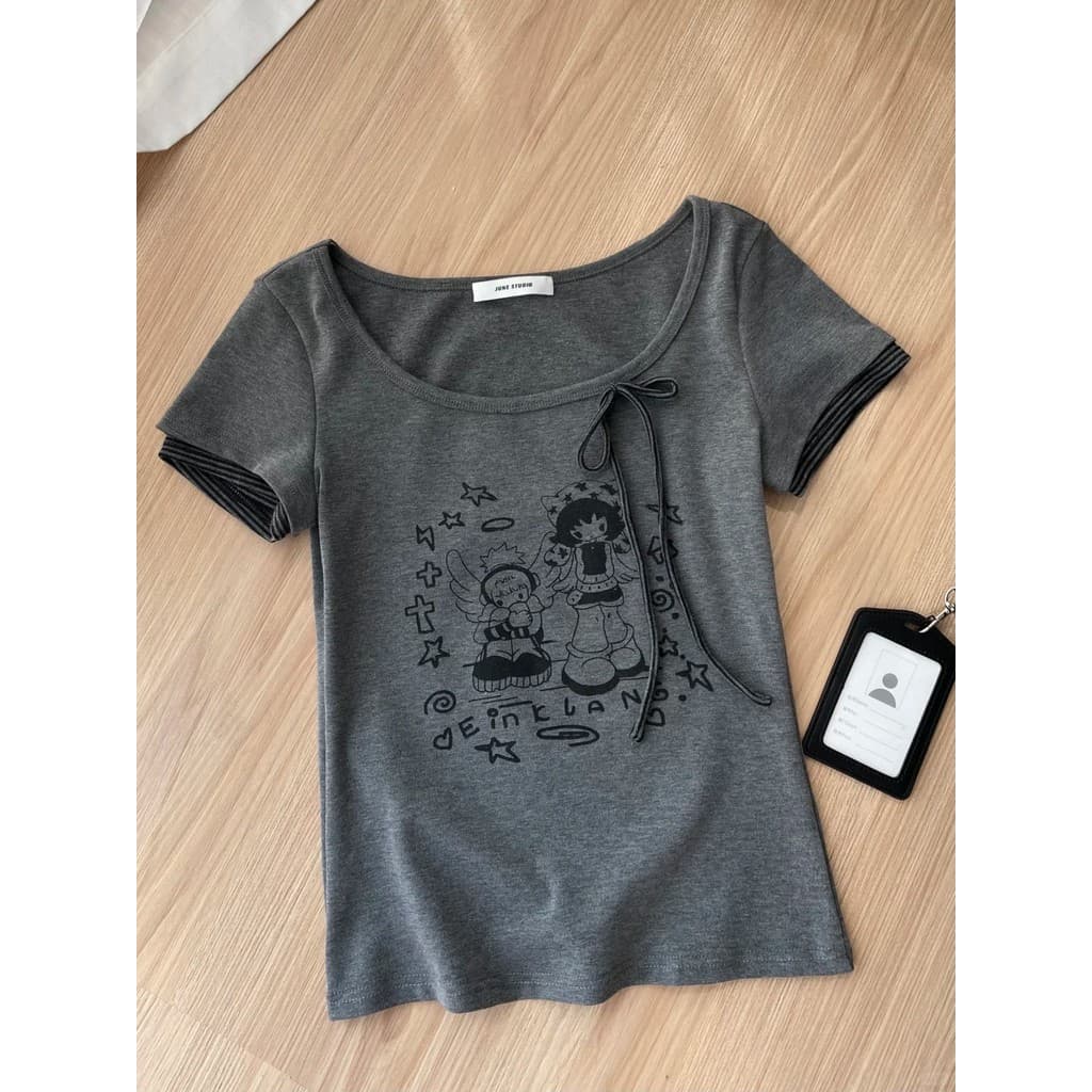 Costura de duas peças estilo japonês asiático bonito camiseta impressa novo estilo Top de manga curta